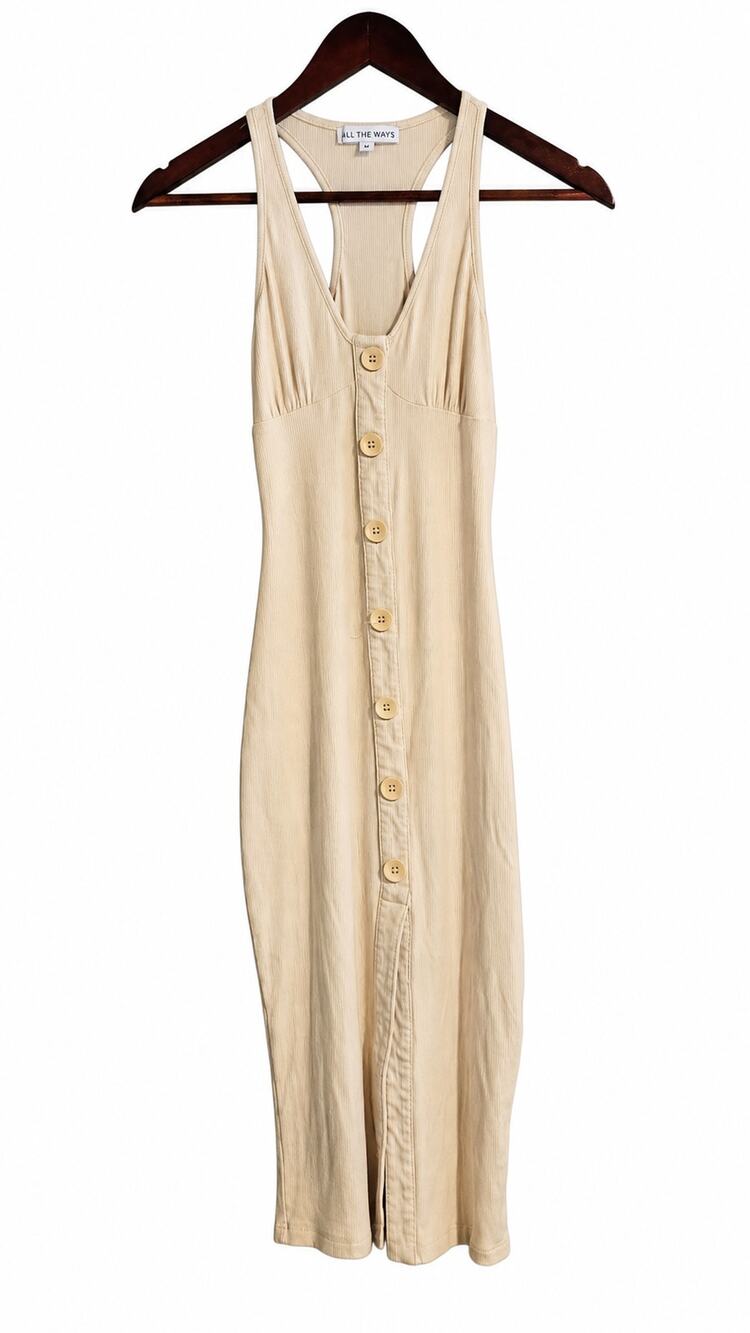 ALL THE WAYS Sandra Midi Dress XS Off White Ribbed Racerback Button Revolve